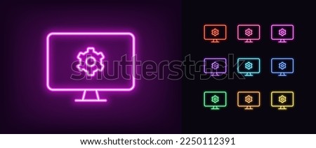 Outline neon pc monitor icon. Glowing neon monitor screen frame with gear wheel sign, display settings pictogram. Monitor screen adjustments, tune, settings control. Vector icon set