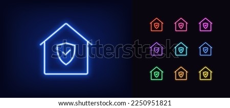 Outline neon home icon. Glowing neon house frame with shield and check sign, real estate guard pictogram. Safe deal and insurance guarantee, security and property protection. Vector icon set