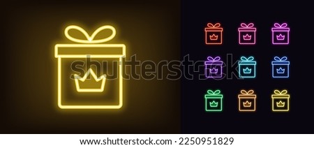 Outline neon gift box icon. Glowing neon gift box frame with crown sign, royal present pictogram. Premium gift, luxury present, royal prize and giveaway, best surprise. Vector icon set