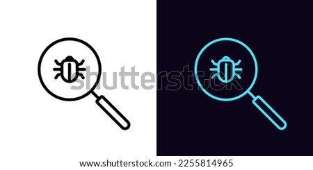 Outline magnifier icon, with editable stroke. Magnifying glass frame with bug sign, vulnerability search. Program code debug, error scan, virus detect, cyber attack, find security threat. Vector icon