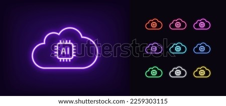 Outline neon cloud AI icon. Glowing neon cloud frame with AI chip sign, artificial intelligence pictogram. Cloud calculation server, computing and data center, smart algorithm system. Vector icon set