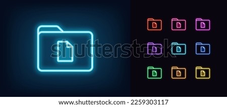 Outline neon file folder icon. Glowing neon folder frame with document sign. Business report folder, document storage, contract and certificate directory, agreement sheet. Vector icon set