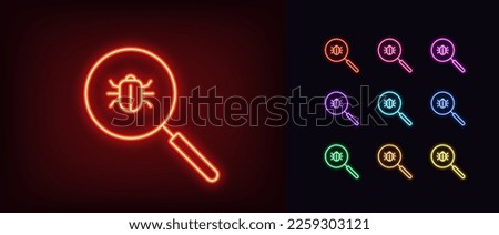 Outline neon magnifier icon. Glowing neon magnifying glass frame with bug sign, vulnerability search. Program code debug, error scan, virus detect, cyber attack, find security threat. Vector icon set