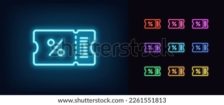 Outline neon discount ticket icon. Glowing neon ticket frame with percentage sign, discount coupon pictogram. Digital pass sale, benefit offer, special price for festival and event. Vector icon set