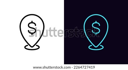 Outline dollar pointer icon, with editable stroke. Map pin frame with dollar sign, bank location pictogram. ATM with money cash, currency exchange point, place payment. Vector icon for Animation