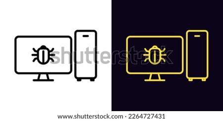 Outline pc malware icon, with editable stroke. System unit and monitor screen frame with bug sign, cyber security hack pictogram. Error debug, software bugs, virus attack. Vector icon for Animation