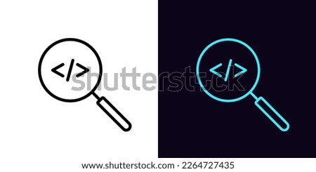 Outline magnifier icon, with editable stroke. Magnifying glass frame with code sign, program development research. Coding analysis, programming script, code optimization. Vector icon for Animation