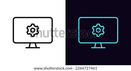 Outline pc monitor icon, with editable stroke. Monitor screen frame with gear wheel sign, display settings pictogram. Monitor screen adjustments, tune, settings control. Vector icon for Animation