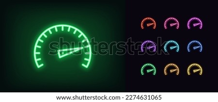 Outline neon speedometer icon. Glowing neon speedometer with scale and arrow, acceleration and high speed pictogram. Speed test and indicator, ultimate level, output capacity. Vector icon set