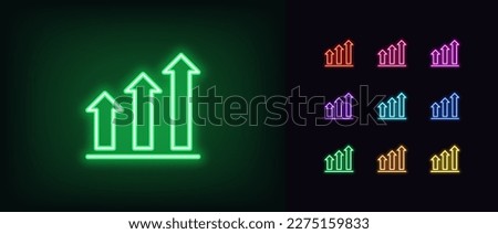 Outline neon growth arrow bars icon. Glowing neon upward chart trend sign, rise arrow bars. Financial forecast, rise in shares, growth level, increase profit, growing trend. Vector icon set