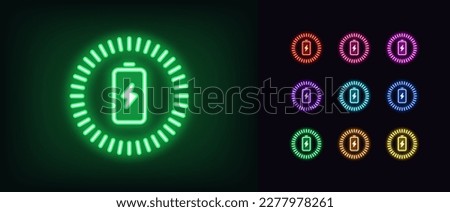 Outline neon charging battery icon. Glowing neon battery with lightning sign and charging circle, wireless electric charger. Inductive dock station for charging devices. Vector icon set