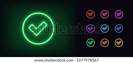 Outline neon check tick icon. Glowing neon checkmark sign, tick approve pictogram. Correct and true select, confirmation check mark, verification tick, right choice, checklist. Vector icon set