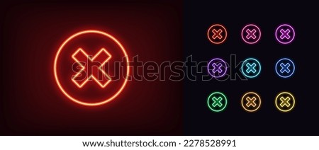Outline neon cross mark icon. Glowing neon error sign, cancel and reject, X pictogram. Incorrect select, cancel cross mark, disapprove request, notice refuse, wrong answer and mistake. Vector icon set