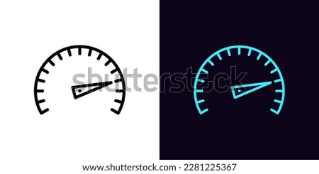 Outline speedometer icon, with editable stroke. Speedometer with scale and arrow, acceleration and high speed pictogram. Speed test and indicator, ultimate level, output capacity. Vector icon
