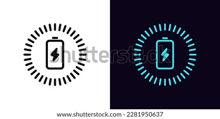 Outline charging battery icon, with editable stroke. Battery with lightning sign and charging circle, wireless electric charger. Inductive dock station for charging devices. Vector icon for Animation