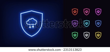 Outline neon shield security icon. Glowing neon shield with digital cloud storage sign, cloud data exchange. Cyber security, secure cloud synchronization, reliable update, file backup. Vector icon set
