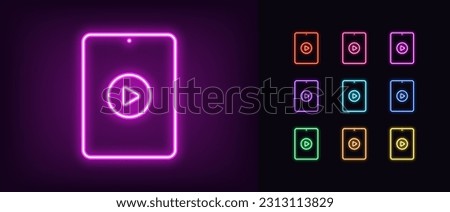 Outline neon multimedia tablet icon. Glowing neon tablet screen frame with play sign, video content pictogram. Play button, video channel, music player, entertaining media and show. Vector icon set