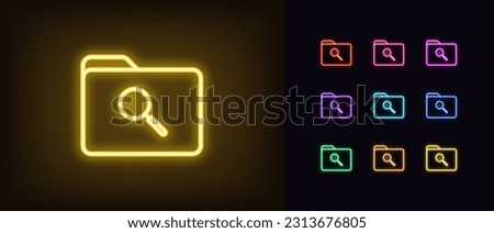 Outline neon folder search icon. Glowing neon file folder with magnifier tool, document search in data directory. Folder check, file storage analysis, find data and information review. Vector icon set