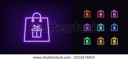 Outline neon gift shopping icon. Glowing neon shopping bag with gift box sign, customer present bonus. Surprise for shop buyer, additional gift and prize offer, present giveaway. Vector icon set