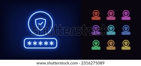 Outline neon password check icon. Glowing neon password input with shield sign, safe login in user account. Strong password and protection guarantee, secure account access in profile. Vector icon set