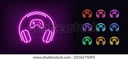 Outline neon gaming headphones icon. Glowing neon wifi headset with gamepad sign, wireless headphones for play games. Portable wifi earphones for esport gamers and game station. Vector icon set