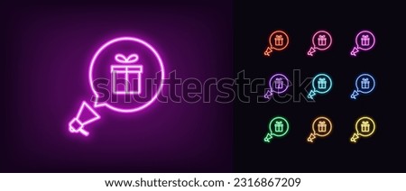 Outline neon promotion megaphone icon. Glowing neon loudspeaker with bubble message and gift box sign, give away announce. Birthday surprise, gift giveaway, bonus offer and present. Vector icon set