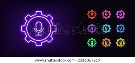 Outline neon mic settings icon. Glowing neon gear wheel with microphone sign, podcast control. Mic adjustment tool, microphone audio setting, mic voice configuration, sound fix. Vector icon set