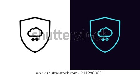 Outline shield security icon, with editable stroke. Shield with digital cloud storage sign, cloud data exchange. Cyber security, secure cloud synchronization, reliable update, file backup. Vector icon