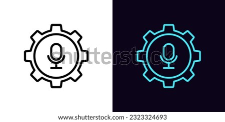 Outline mic settings icon, with editable stroke. Gear wheel with microphone sign, podcast control. Mic adjustment tool, microphone audio setting, mic voice configuration, sound fix. Vector icon