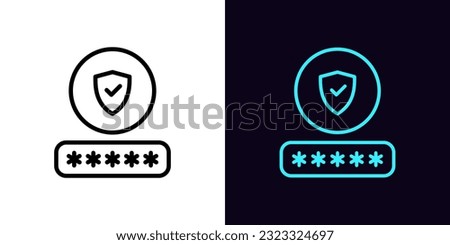 Outline password check icon, with editable stroke. Password input with shield sign, safe login in user account. Strong password and protection guarantee, secure account access in profile. Vector icon