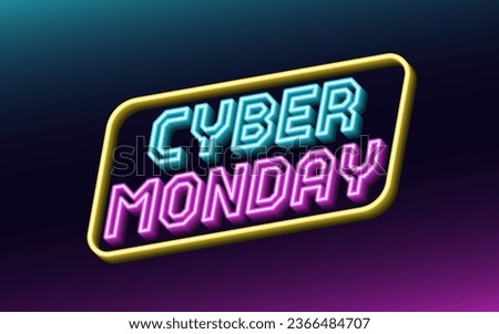 Neon design of Cyber Monday Sale banner. Outline neon italic text Cyber Monday with inclined frame. Blue, purple and yellow. Text template for digital ad and social media banners. Vector illustration
