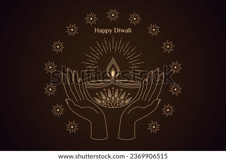 Outline golden Diya with fire and light rays, human palm hands, fireworks flash. Golden Diya lamp with lotus flower pattern, Deepavali oil candle. Happy Diwali, Festival of the Lights in India.