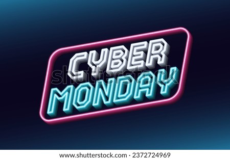 Neon design of Cyber Monday Sale banner. Outline neon italic text Cyber Monday with inclined frame. White, blue and pink. Text template for digital ad and social media banners. Vector illustration
