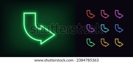 Outline bended neon arrow icon set. Glowing neon curved arrow pointer, bent arrowhead sign. Rounded arrow, turning cursor, bended navigation pointer, rotate motion direction. Vector icon set