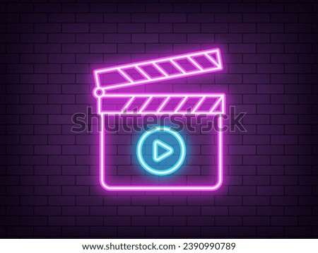 Outline neon clapperboard, purple blue icon. Glowing neon clapper board with play sign. Video production, cinema editor, movie shooting, music clip recording. Filmmaking studio, multimedia editor