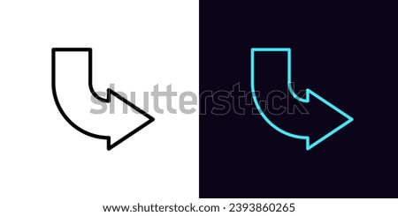 Outline bended arrow icon, with editable stroke. Curved arrow pointer, bent arrowhead sign. Rounded arrow, turning cursor, bended navigation pointer, rotate motion direction. Vector icon