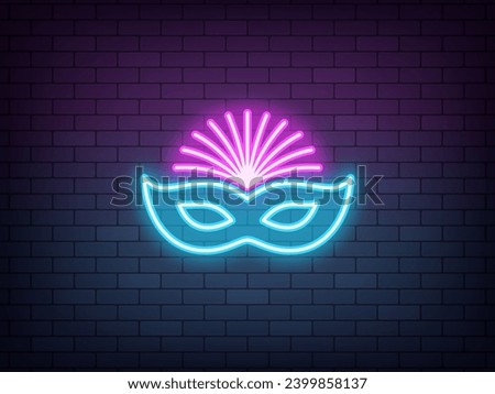 Outline neon carnival mask icon, blue purple. Glowing neon Carnival mask sign with feathers on brick wall. Festival costume and face decoration. Face mask for Venice masquerade. Vector icon