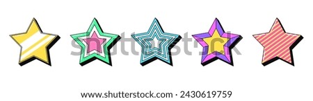 Isolated retro star icon set, vector stickers. Superstar and celebrity, popularity, famous legend, award. Outline 3d stars with pattern. Retro design elements and signs for party and pop culture