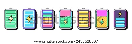 Isolated retro battery icon set, vector stickers. Electric accumulator and energy, charging battery with lightning sign, charge level. Outline 3d batteries with pattern. Retro design elements for ads