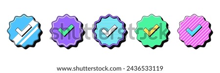 Isolated retro Verified badge icon set, vector stickers. Blue tick checkmark tag, verified user, certified and original account. Outline Verification marks with pattern. Retro design elements for ads