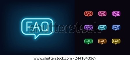 Outline neon FAQ icon set. Glowing neon FAQ text with speech bubble. Frequently asked questions, business support and help, useful information, FAQ chat with online info bot assistant. Vector icons