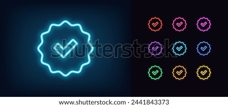 Outline neon Verified badge icon set. Glowing neon blue tick sign, approved checkmark. Verified user in social media, certified and original account, confirmed profile, verification mark. Vector icons