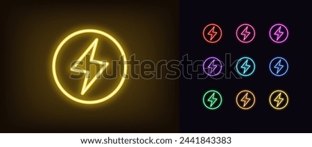 Outline neon lightning icon set. Glowing neon electric lightning sign with circle frame. Electric vehicle, round lightning logo, battery charge station, electric energy and power charging. Vector icon