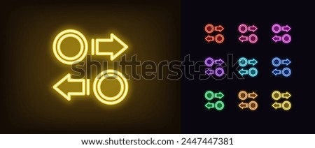 Outline neon coin convert icon set. Glowing neon token exchange sign with arrows. Crypto currency conversion, money cashback, refund, swapping token market, reinvest, virtual coin trade. Vector icons