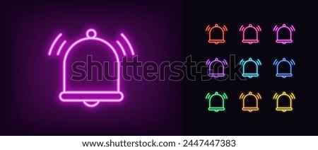 Outline neon ringing bell icon set. Glowing neon bell sign with sound waves. Mobile app notice, new message notification, reminder bell, alarm, sound alert and subscription notification. Vector icons