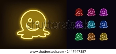 Outline neon melting emoji icon set. Glowing neon melting emoticon sign with smile. Sarcasm face, flow down emoji, shame and exhaustion emoticon, melt down smiling face, weird mood. Vector icon set
