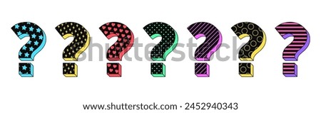 Isolated retro black question icon set, vector stickers. Ask, unknown problem, quest, find solution, secret, search answer. Textured 3d question mark set, retro design elements for ads and pop culture