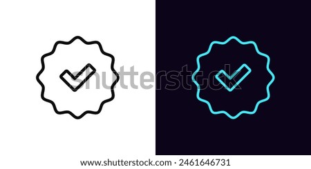 Outline Verified badge icon, with editable stroke. Blue tick sign, approved checkmark. Verified user in social media, certified and original account, confirmed profile, verification mark. Vector icon