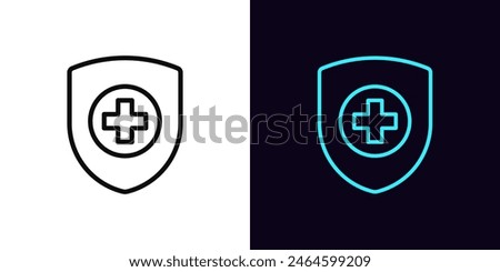 Outline healthcare shield icon, with editable stroke. Protection shield with medical cross. Secure medicine insurance, safe medical service and health aid, checked drugs and medicaments. Vector icon