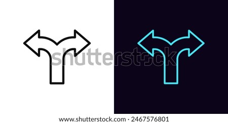Outline fork arrow icon, with editable stroke. Split arrow sign. Two way pointer, double road, forked arrow, split traffic direction, double pathway, two direction to move, crossroad. Vector icon